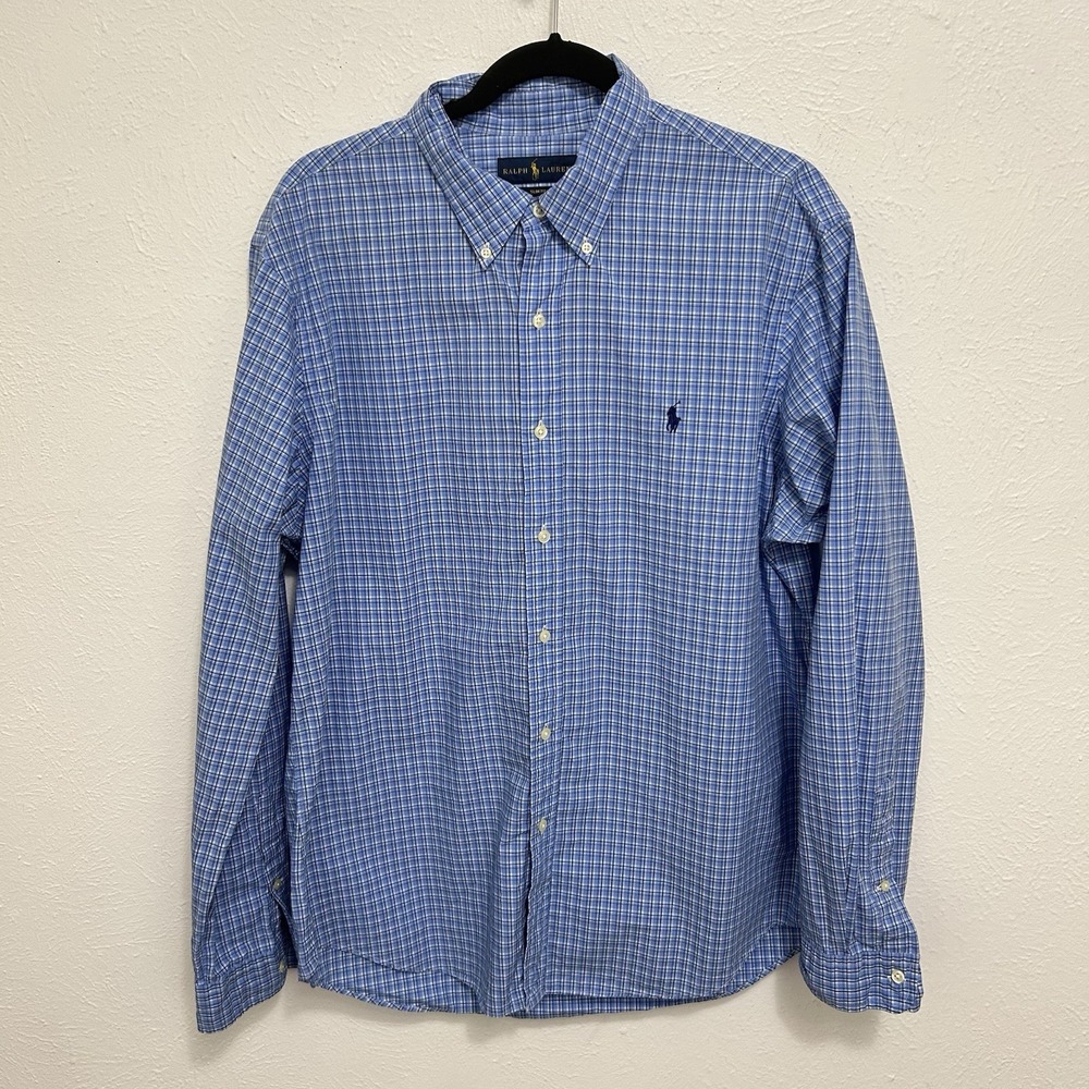 Ralph Lauren Shirt XL Blue Plaid Long Sleeve Cotton Button Down Slim Fit Logo